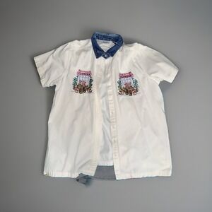 Vintage Bobbie Brooks Woman White Embroidered Flower Cart Denim Collar Shirt
